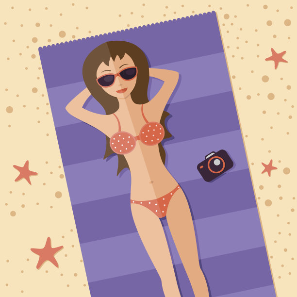 女人在海滩上的比基尼，性感的女孩在泳衣，夏天的海，海洋度假。在热带炎热的沙滩上晒太阳。平面向量插图图片下载