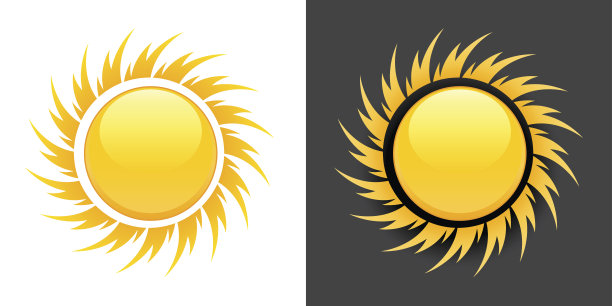 黄色夏季太阳矢量图标在黑色和白色的背景。图片下载