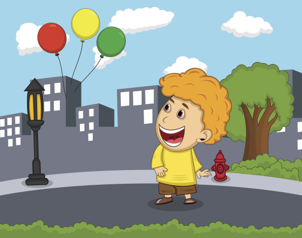 一个男孩看到气球漂浮在空中的卡通图片下载