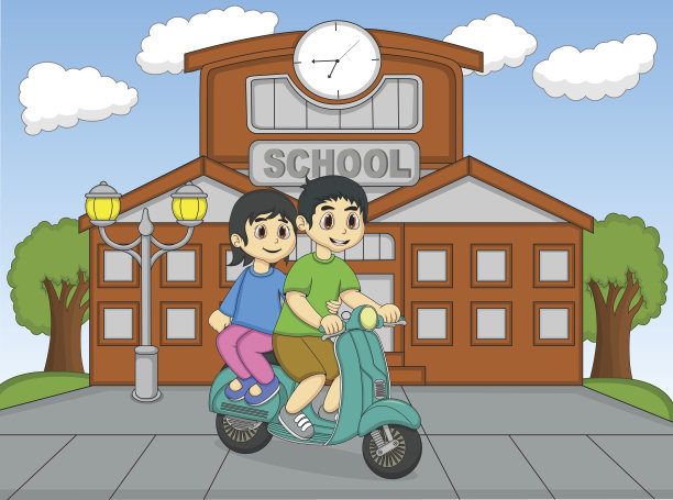 男孩和女孩骑摩托车在学校卡通图片下载