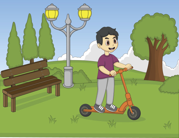 一个男孩骑着滑板车在公园的卡通图片下载