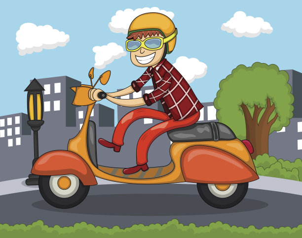 男人骑踏板车，卡通城市背景图片下载