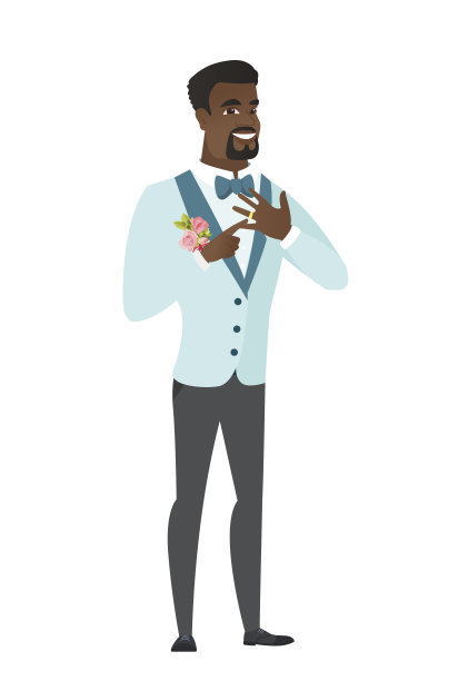 兴高采烈的新郎炫耀手指上的金戒指图片下载