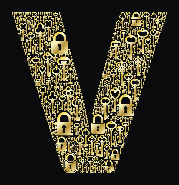 字母V钥匙和锁古董黄金上的黑色图形图片下载