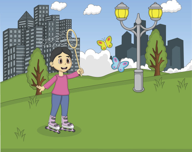 孩子们在公园的卡通中玩轮滑图片下载