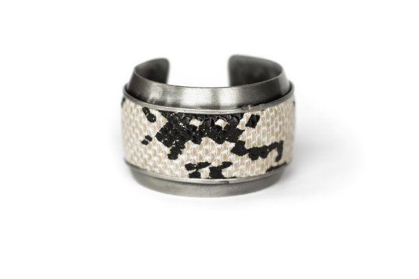 蛇皮和银手镯，孤立在白色背景图片下载