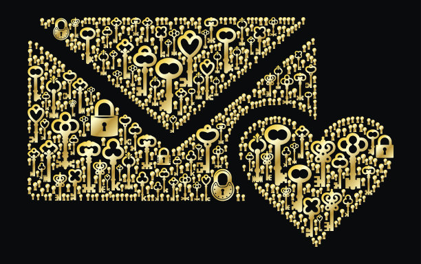 情书和心形古董金钥匙图案矢量图形图片下载