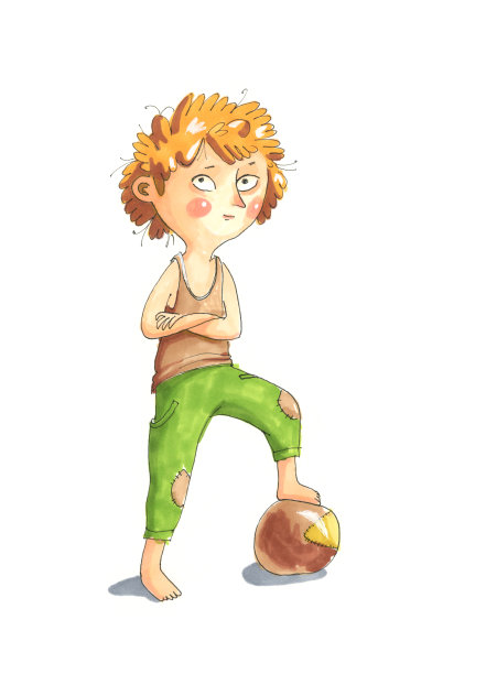 水彩插图孤立的白色背景。微笑的男孩拿着球站着素材图片