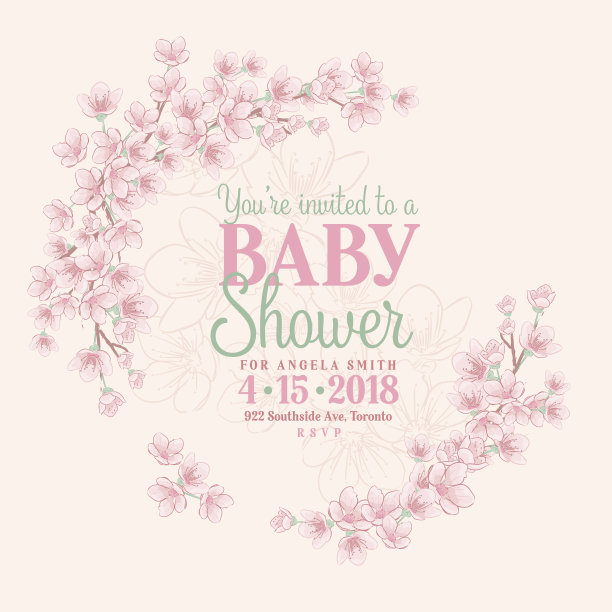手绘婴儿派对邀请与樱花图片下载