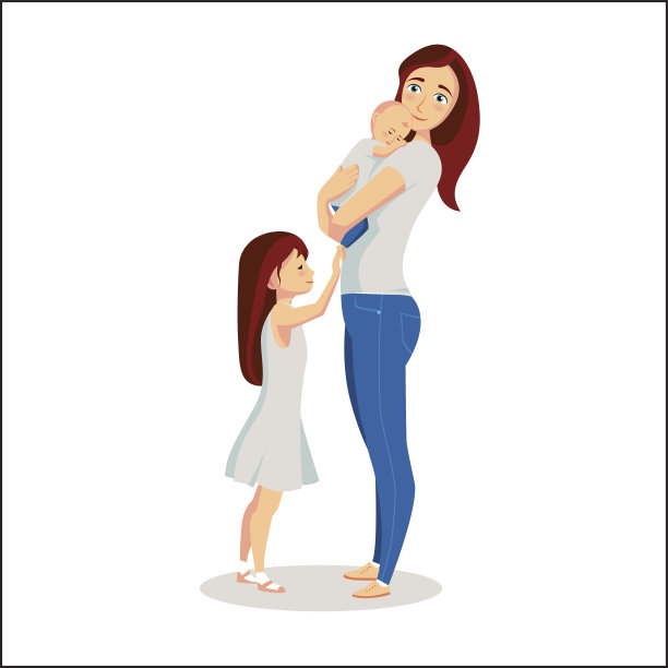 母亲用两个孩子女孩和男孩矢量插画图片下载