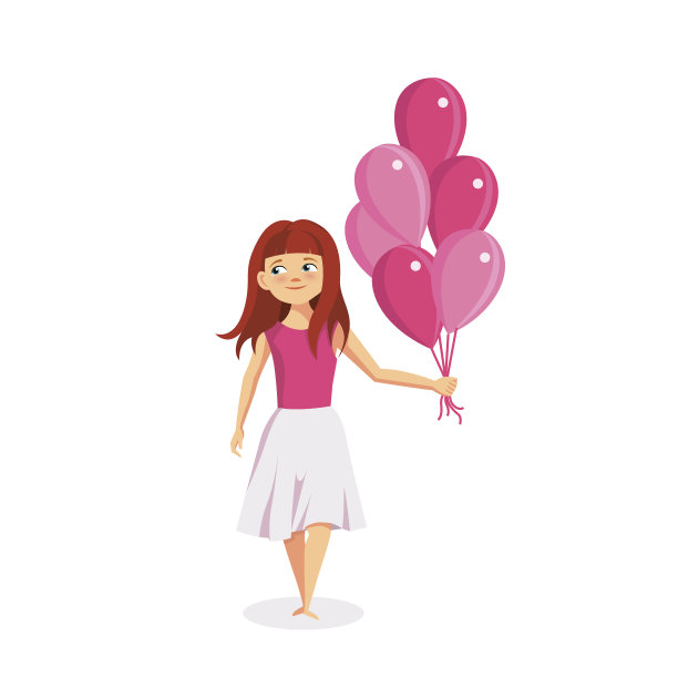 快乐的小女孩与粉色气球矢量插图图片下载