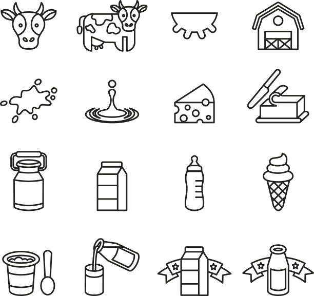 牛奶行业图标集。线样式股票向量。图片下载