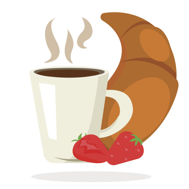 早餐。咖啡，茶，牛角面包，草莓图片下载