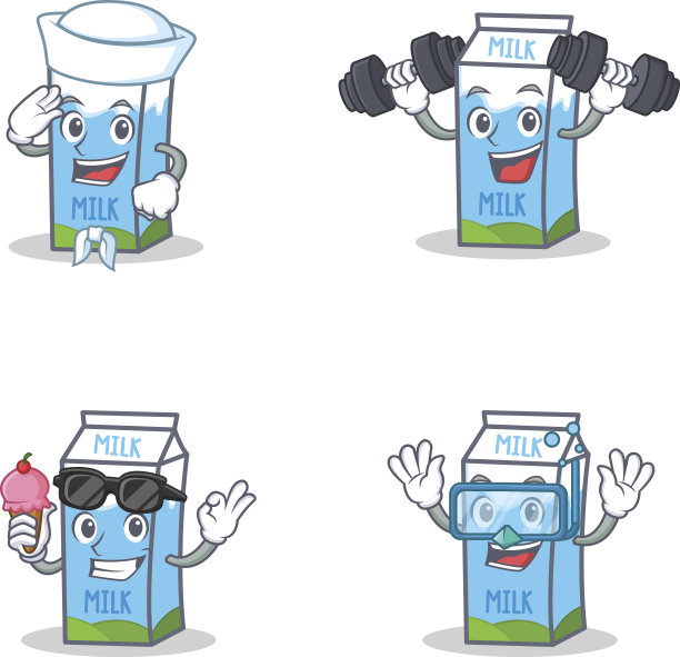 一套牛奶盒性格与水手健身冰淇淋潜水矢量插图图片下载