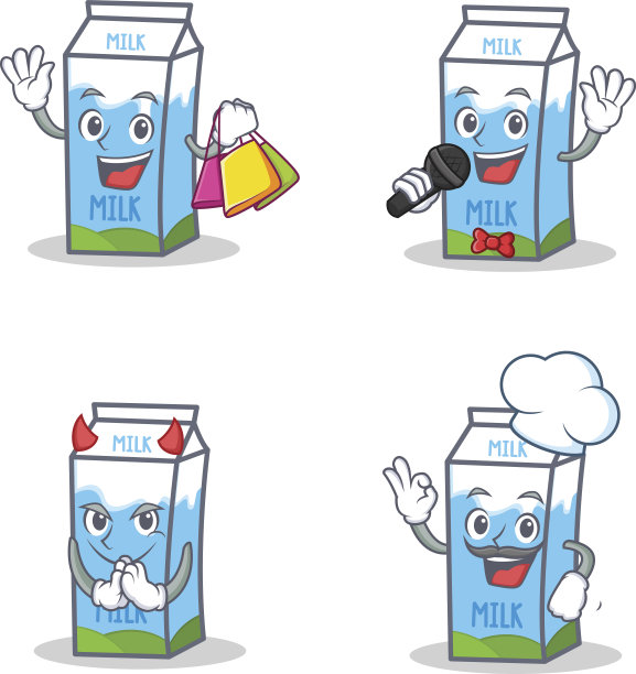 套牛奶盒人物与购物卡拉ok魔鬼厨师矢量插图图片下载