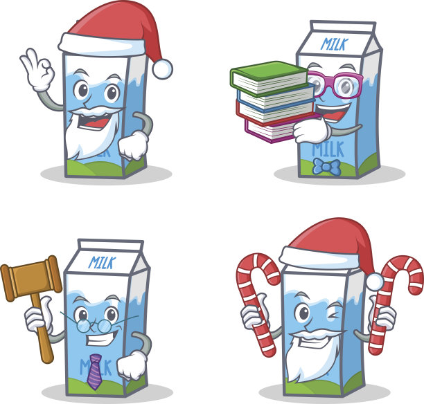 一套牛奶盒人物与圣诞老人糖果书法官矢量插图图片下载