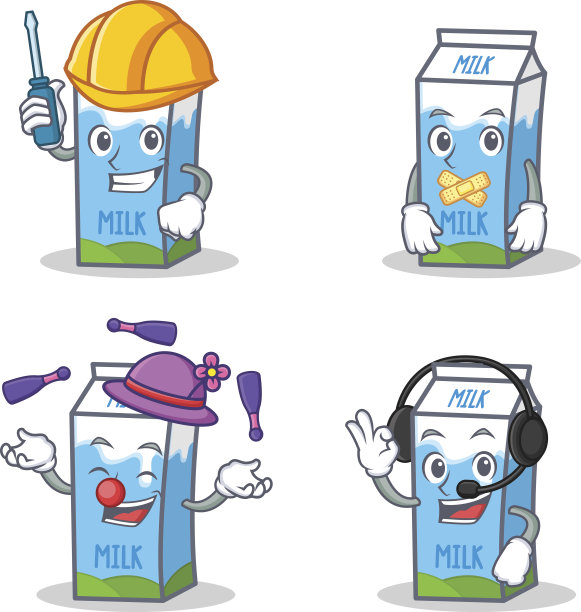 一套牛奶盒性格与汽车无声杂耍耳机矢量插图图片下载