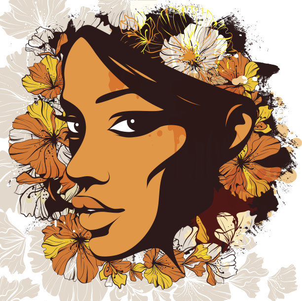 在一幅水彩画的背景上，女人的脸上装饰着鲜花图片下载