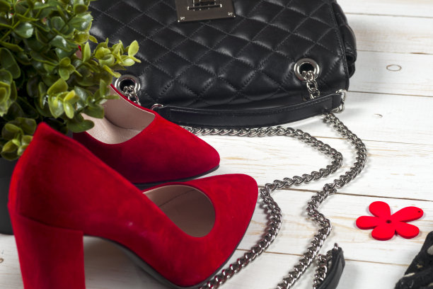 女性服装设置和配件在白色木制背景。图片下载