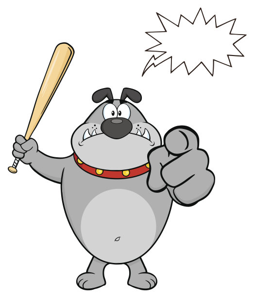 愤怒的灰色斗牛犬卡通吉祥物人物拿着一只蝙蝠和指向图片下载