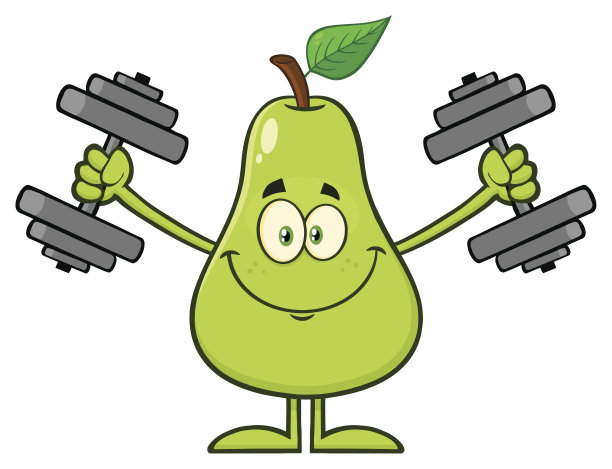 微笑的绿色梨果实与叶片卡通吉祥物人物与哑铃工作图片下载