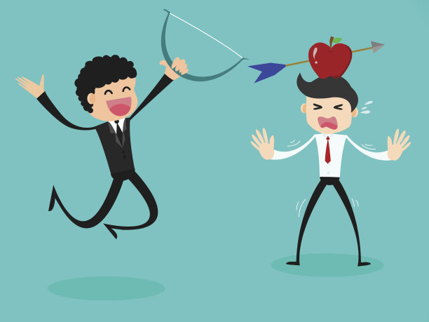 商业概念，商人把箭射向苹果的头部。图片下载