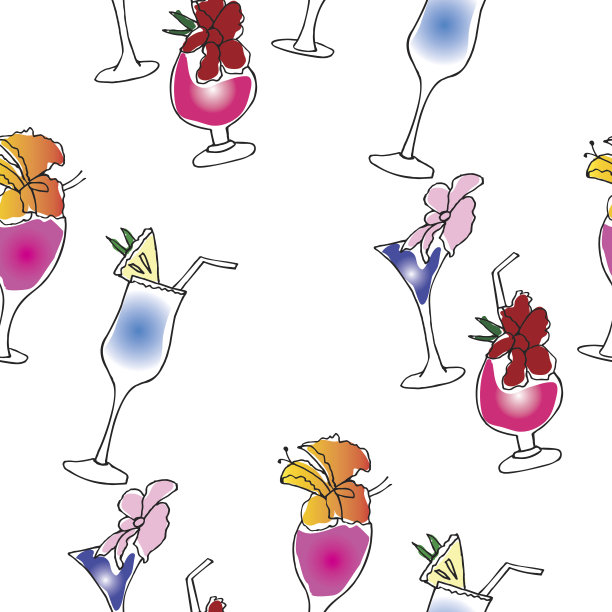 鸡尾酒与花和菠萝图案手绘图片下载