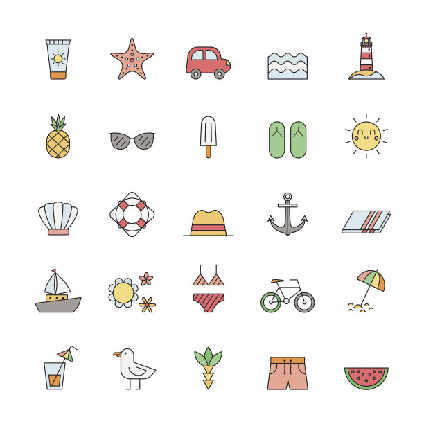 夏季和海滩轮廓彩色图标矢量集。图片下载