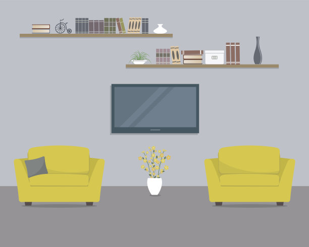 有黄色扶手椅的客厅和家庭影院图片下载