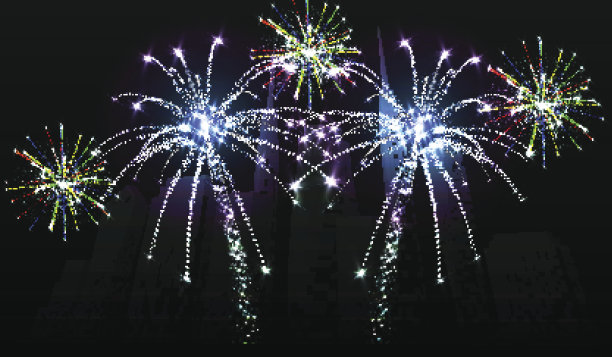 烟花在城市上空飞舞。庆祝节日。光的效果图片下载