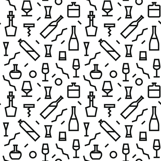 矢量插图的酒吧瓶子无缝模式轮廓设计，网站，背景，横幅。酒精元素Barman信息图。菜单或餐厅元素模板。时尚潮人。孟菲斯风格素材图片