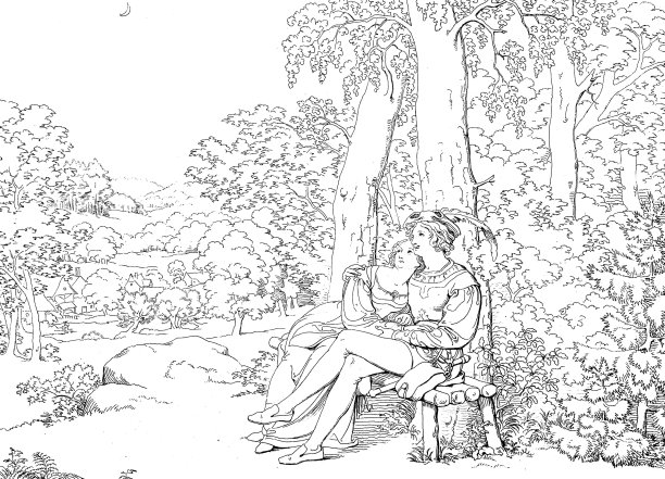 一对年轻夫妇坐在村庄附近森林里的长椅上，拥抱着，梦想着图片下载