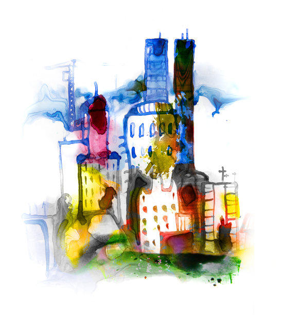 城市插图制作的水彩。图片下载