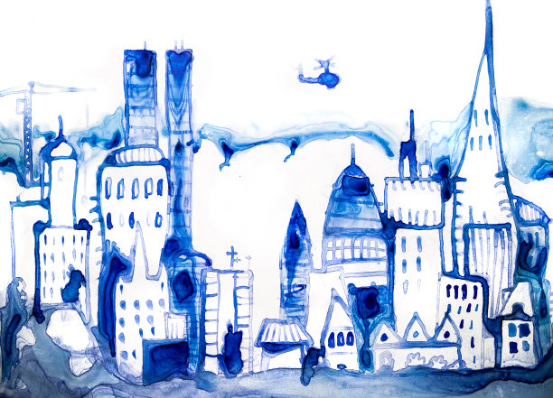 拥有摩天大楼的美丽现代城市。水彩画集合。图片下载