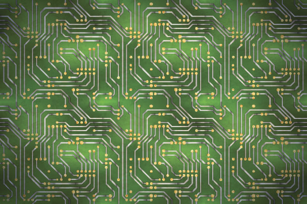 复杂的电脑微芯片与金色接触在绿色主板，水平背景图片下载