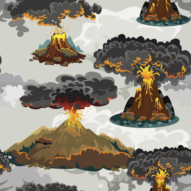 一组不同程度喷发的火山，一个沉睡或苏醒的危险的火山，从岩浆的灰烬和烟雾飞出，熔岩流下山的矢量插图图片下载