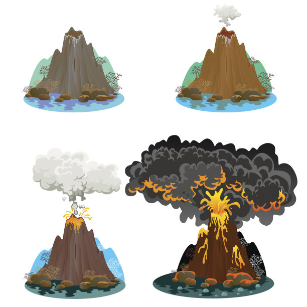 一组不同程度喷发的火山，一个沉睡或苏醒的危险的火山，从岩浆的灰烬和烟雾飞出，熔岩流下山的矢量插图图片下载