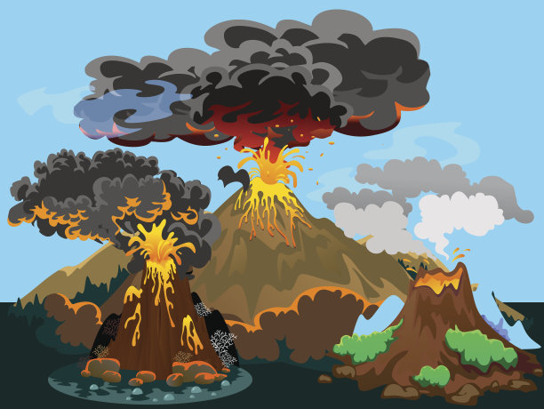 一组不同程度喷发的火山，一个沉睡或苏醒的危险的火山，从岩浆的灰烬和烟雾飞出，熔岩流下山的矢量插图图片下载