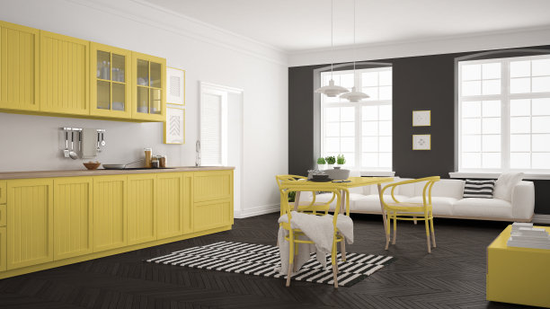 简约的现代厨房，餐桌和客厅，白色和黄色斯堪的纳维亚室内设计图片下载