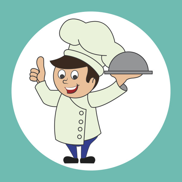 戴着帽子的厨师拿着准备上桌的盘子。卡通人物。矢量图图片下载
