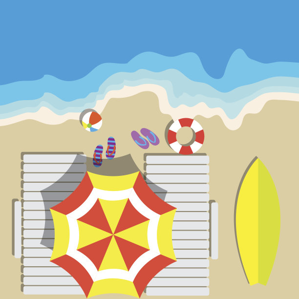 俯视图暑假与海滩项目和波浪。矢量图图片下载