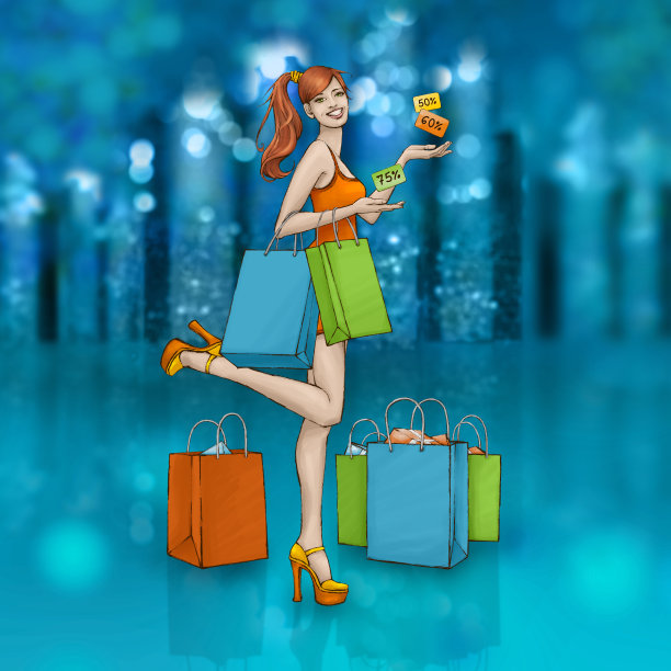 带着购物袋和礼品卡的美丽微笑女孩。繁华都市的销售之夜。插图图片下载