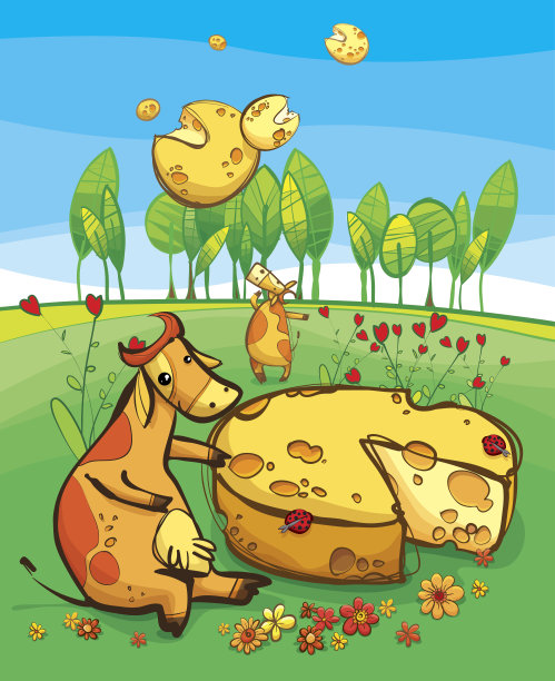 有趣可爱的奶牛和会飞的奶酪。乡间夏日草地。矢量图图片下载