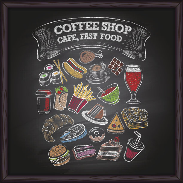 黑板上的咖啡店和快餐图标图片下载
