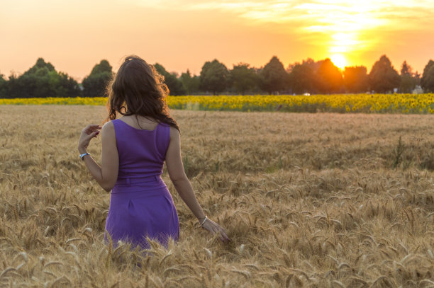 日落时分，麦田里的女孩图片下载