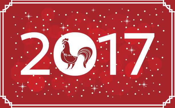 鸡春节与雪花在红色的背景图片下载