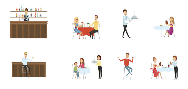 在餐厅和酒吧的一组人。扁平和卡通风格。不同的背景。矢量插图。图片下载