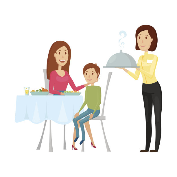 在餐厅里，一个侍者端着一道热菜。矢量插图上的白色背景。扁平和卡通风格。图片下载