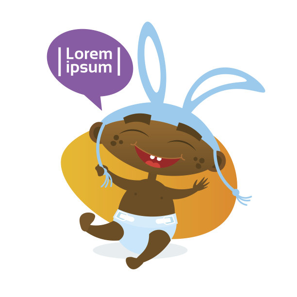 可爱的非洲裔美国婴儿男孩戴兔耳朵蹒跚学步快乐卡通婴儿在尿布图片下载