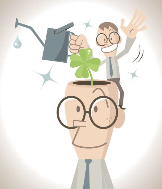 快乐的商人张开了头，一个小小的商人微笑着浇水，把四叶三叶草(小树苗、小苗)倒立在头上图片下载